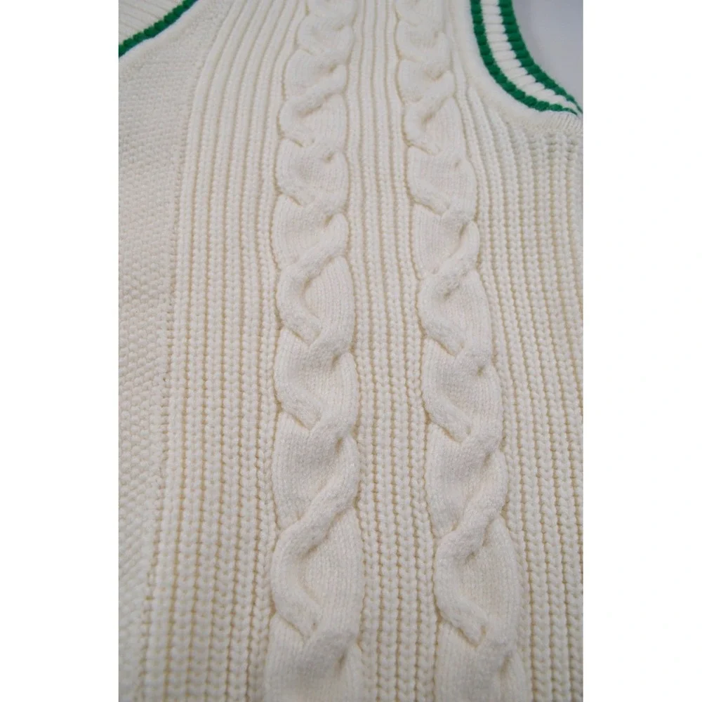 TALBOTS Sweater Vest Womens XS White Cable Knit V Neck Green Trim Preppy - Picture 8 of 13